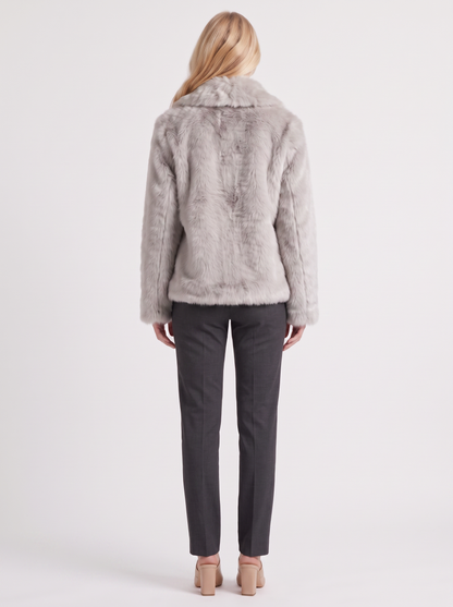 Women's light gray shaggy jacket with long pile texture and hip length hem