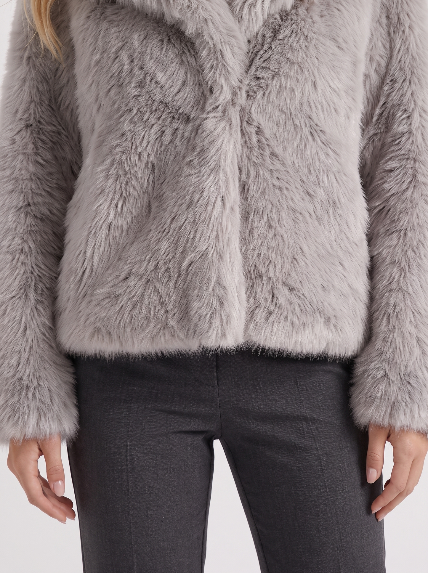 Women's light gray shaggy jacket with long pile texture and hip length hem