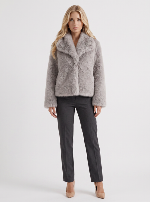Women's light gray shaggy jacket with long pile texture and hip length hem