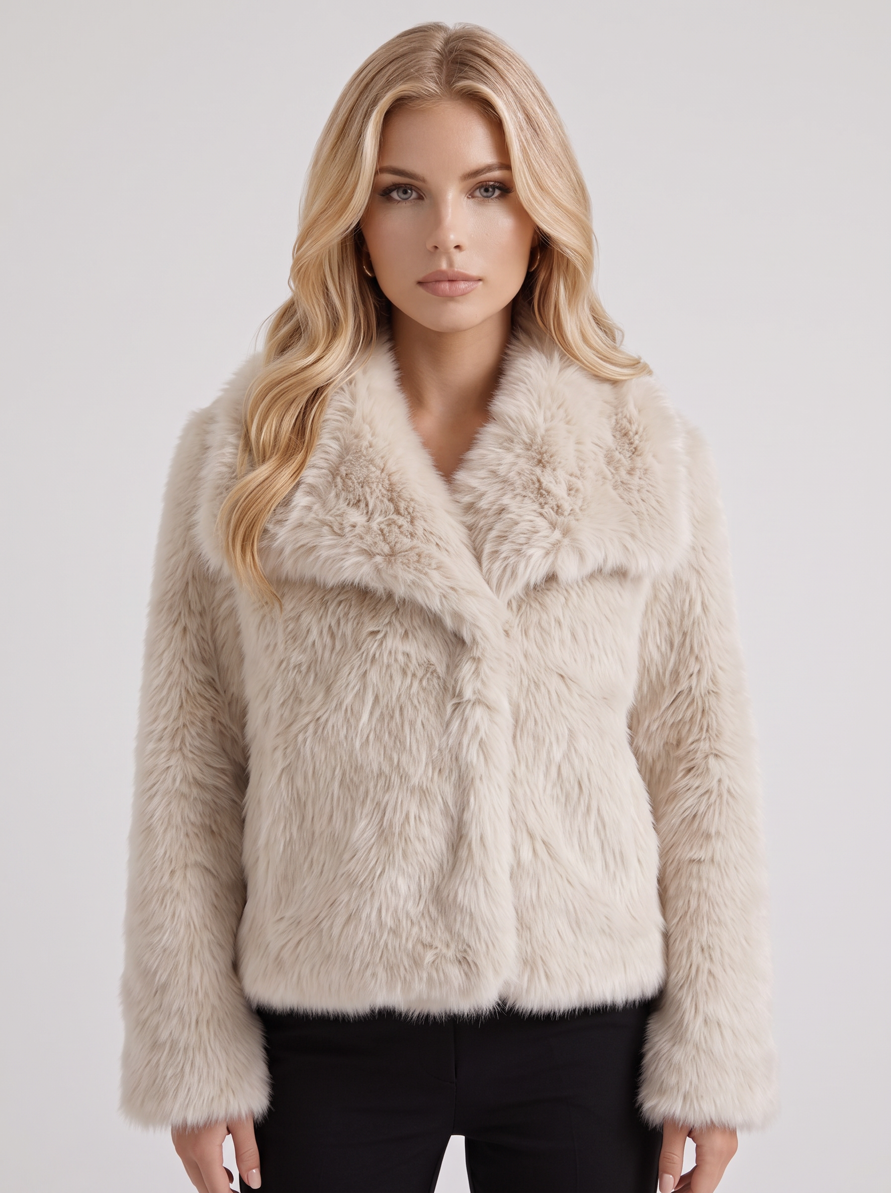 Women's off white shaggy jacket with long pile texture and hip length hem