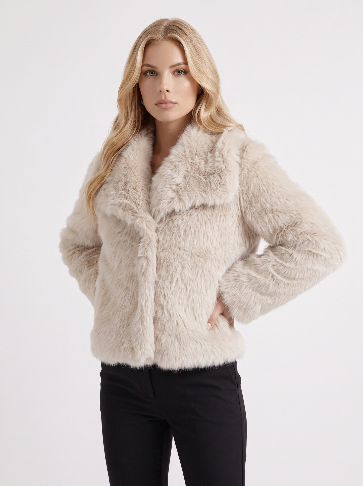 Women's off white shaggy jacket with long pile texture and hip length hem