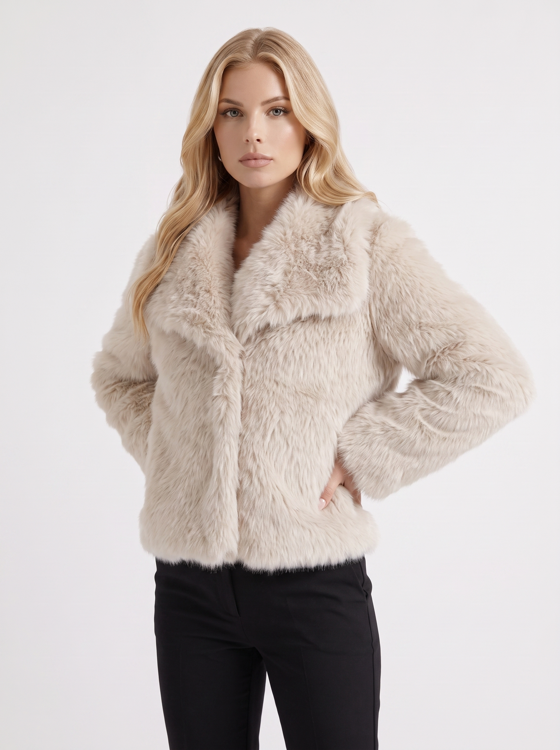 Women's off white shaggy jacket with long pile texture and hip length hem