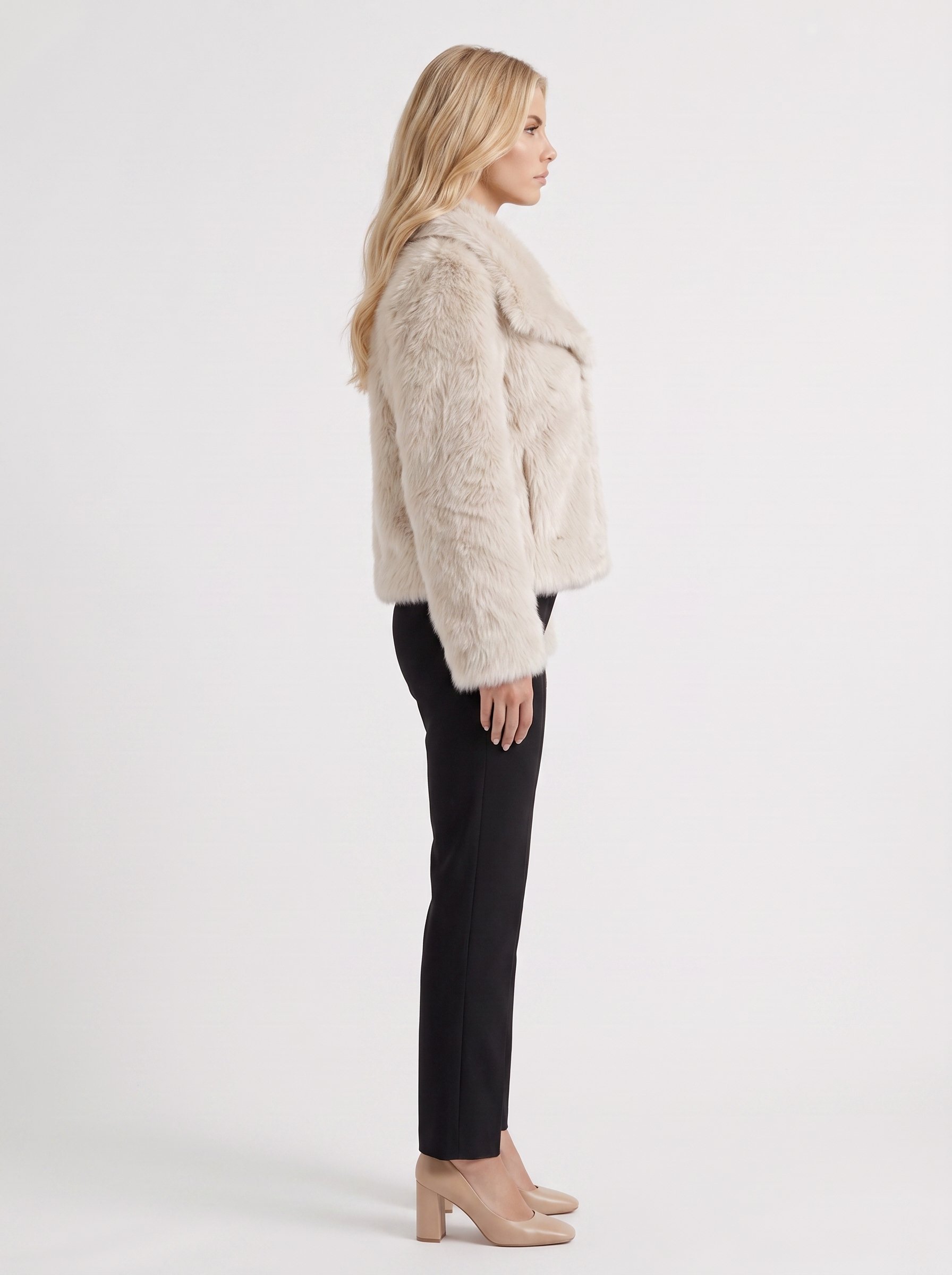 Women's off white shaggy jacket with long pile texture and hip length hem