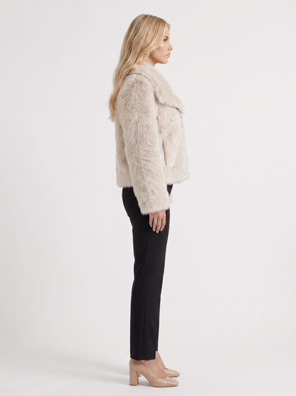 Women's off white shaggy jacket with long pile texture and hip length hem