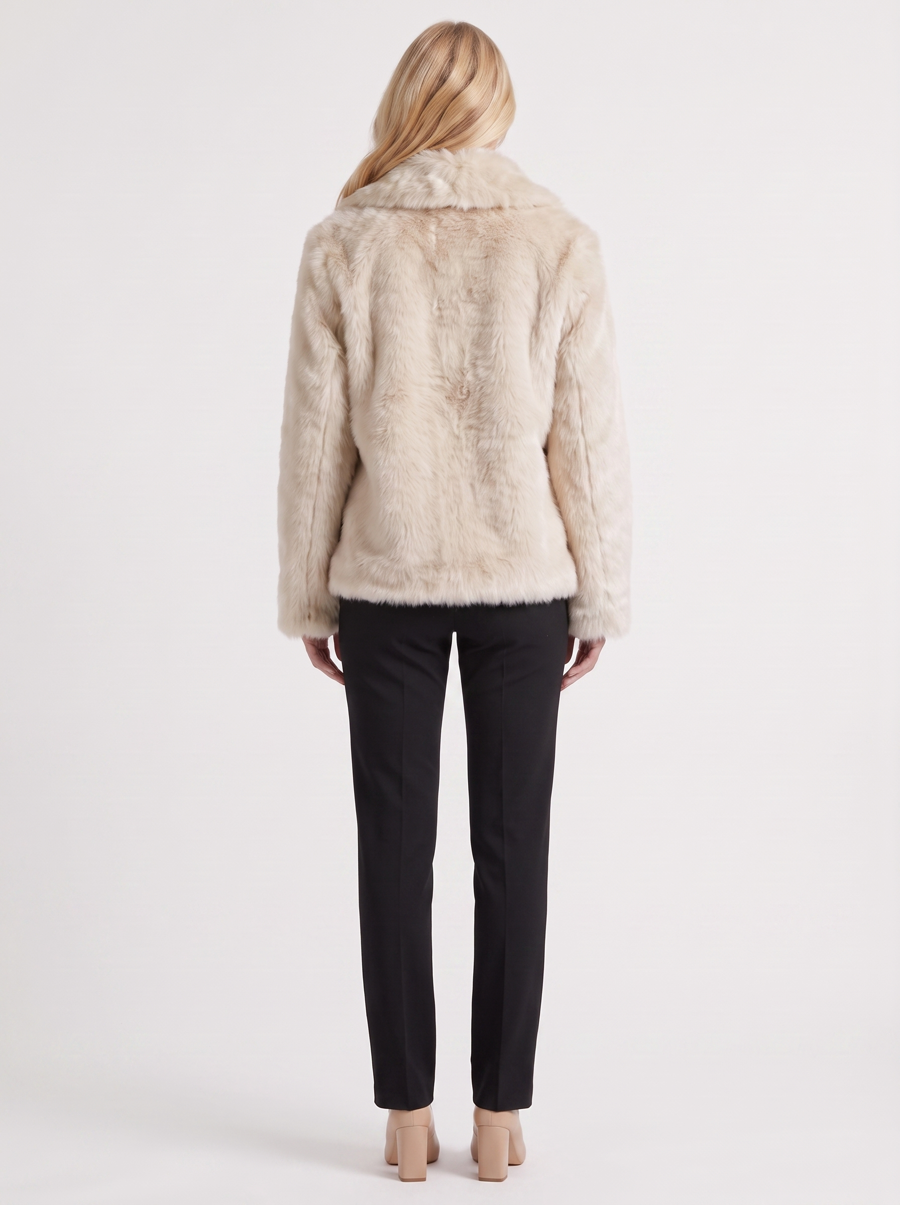 Women's off white shaggy jacket with long pile texture and hip length hem