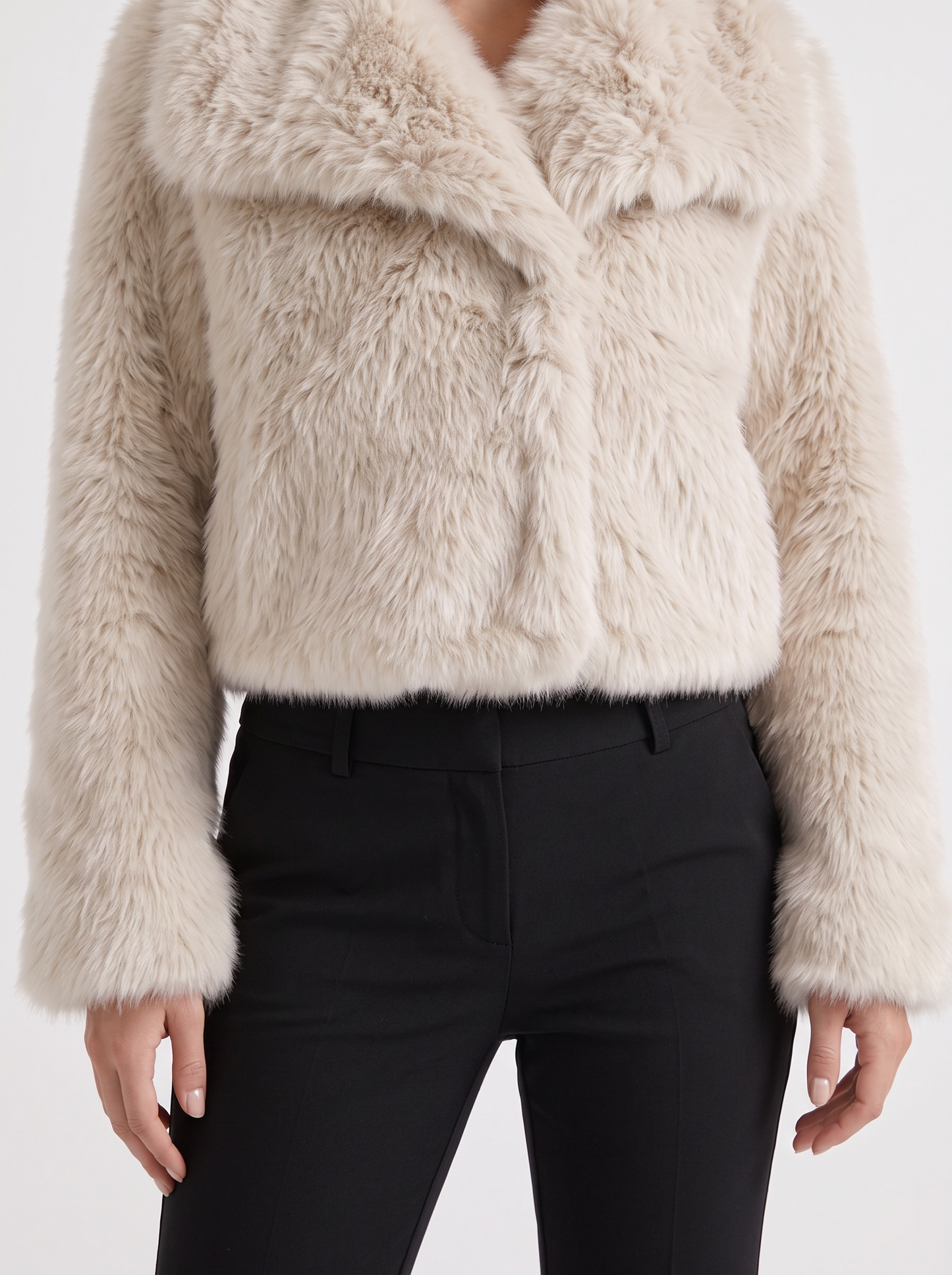 Women's off white shaggy jacket with long pile texture and hip length hem