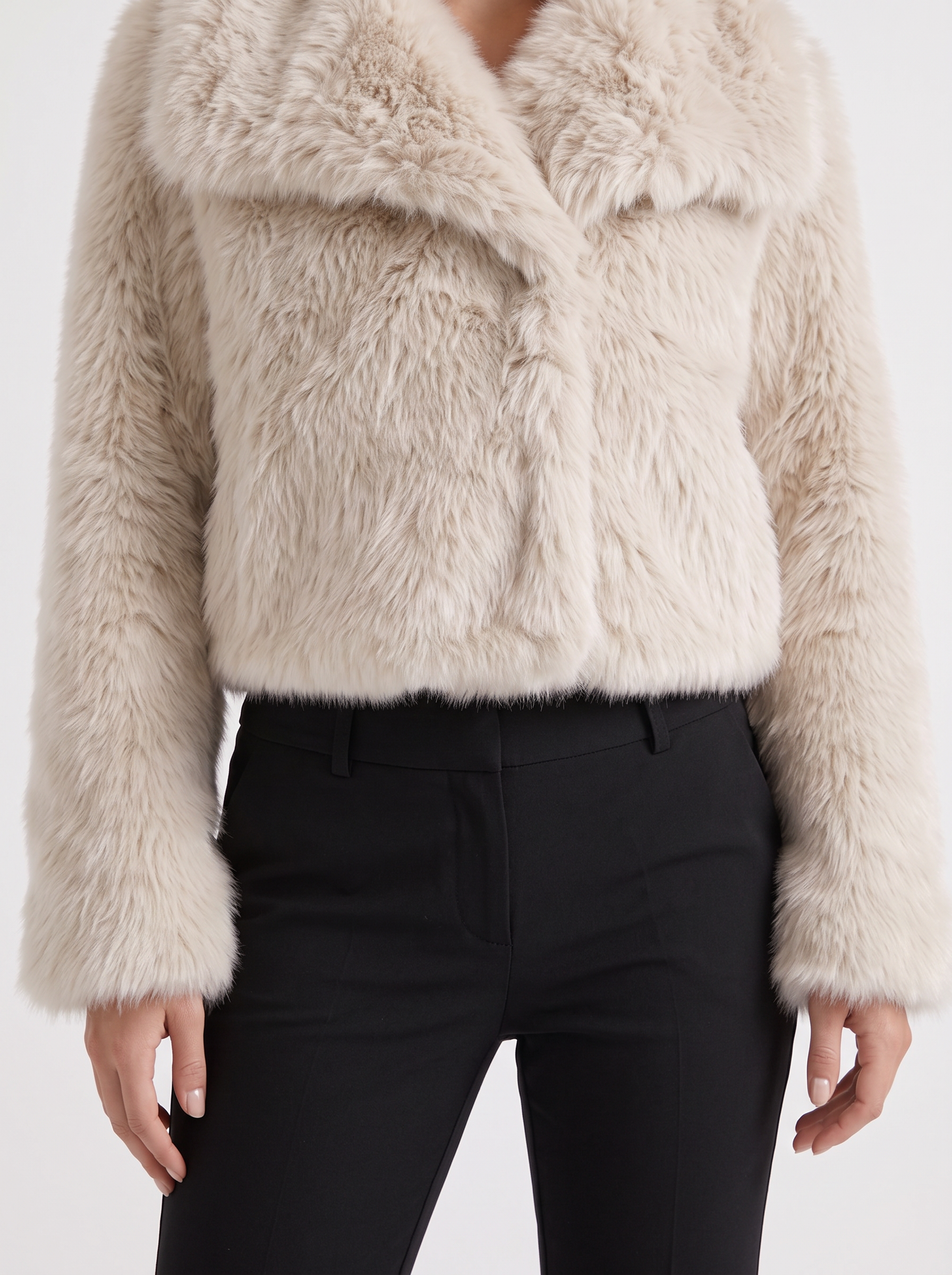 Women's off white shaggy jacket with long pile texture and hip length hem