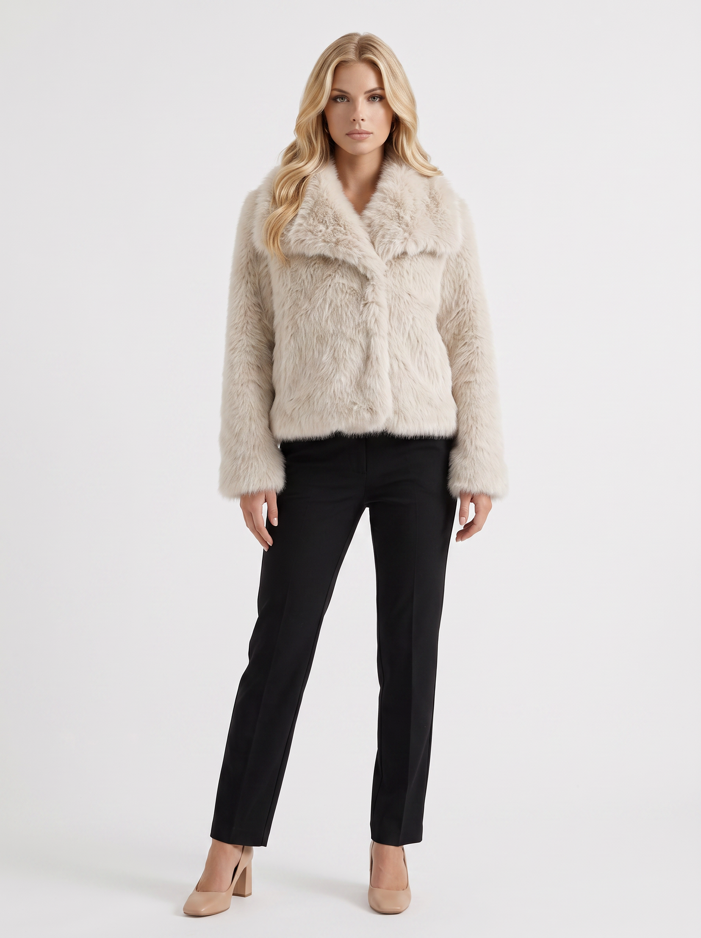 Women's off white shaggy jacket with long pile texture and hip length hem