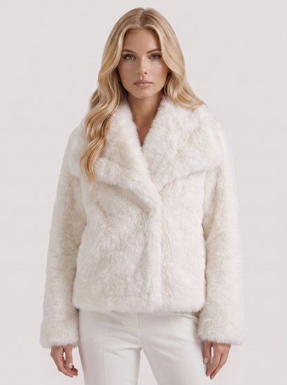 Women's white shaggy jacket with long pile texture and hip length hem