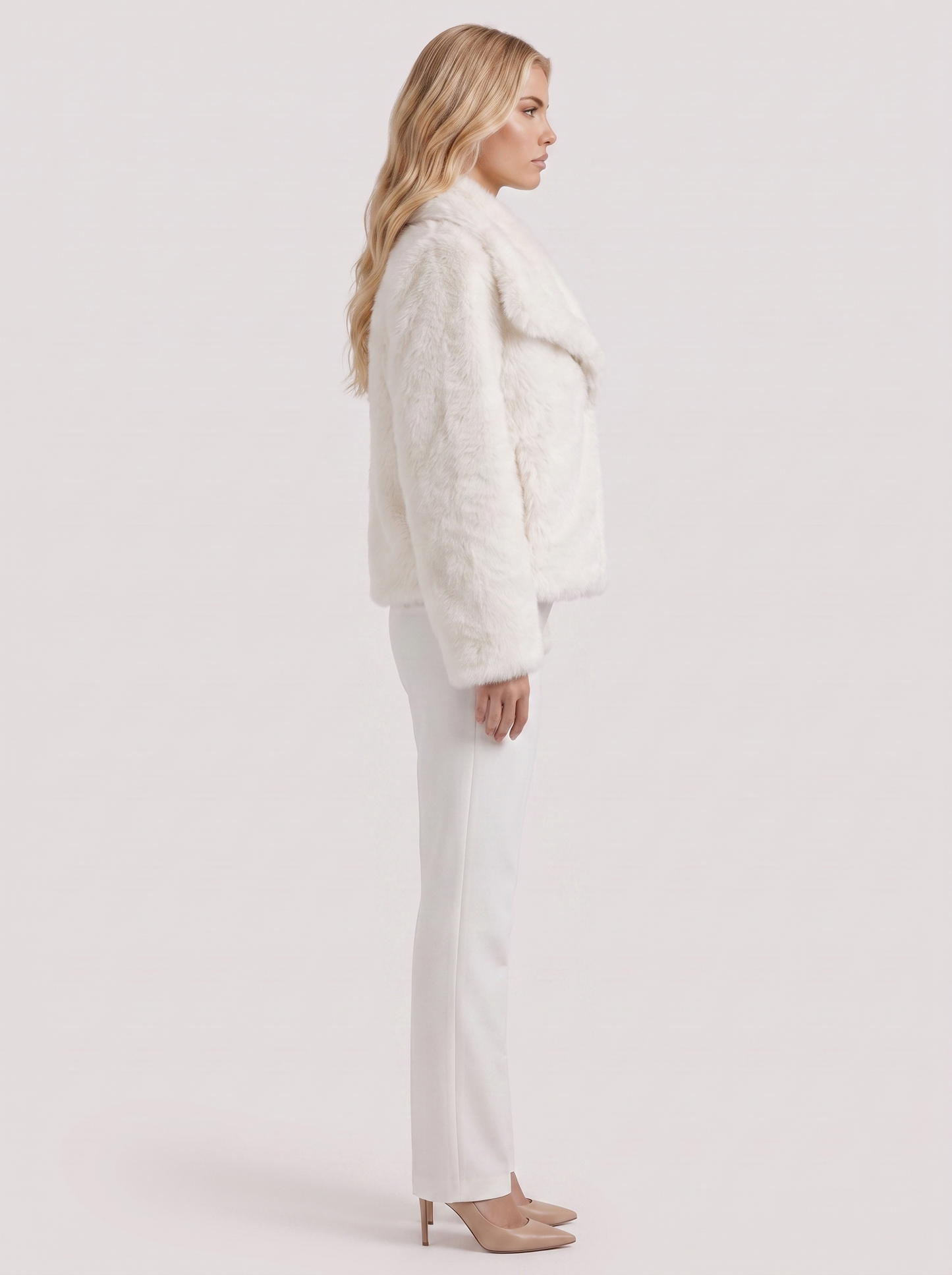 Women's white shaggy jacket with long pile texture and hip length hem