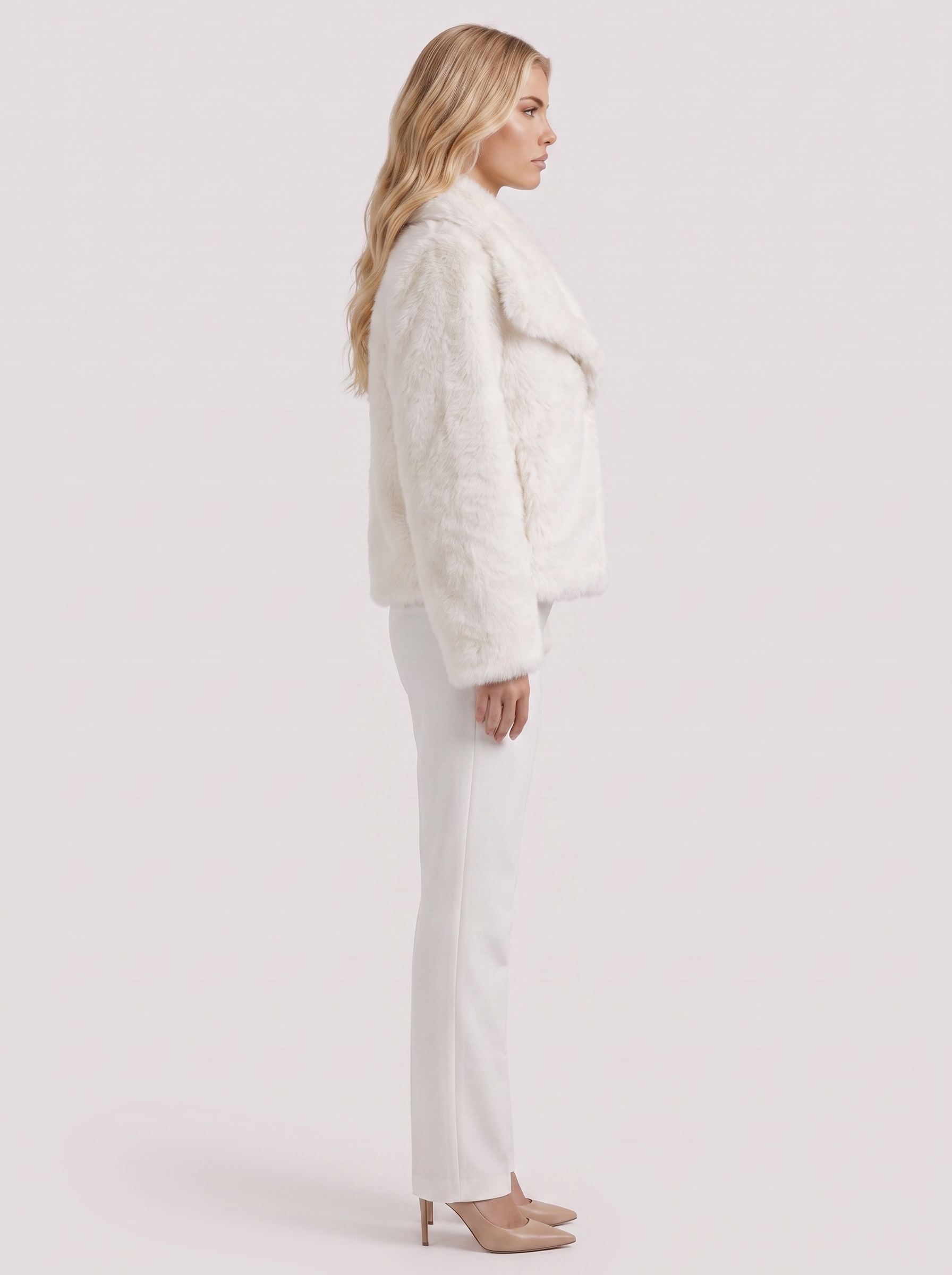 Women's white shaggy jacket with long pile texture and hip length hem