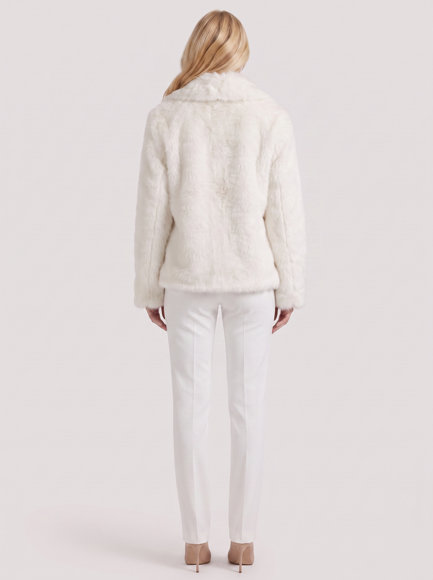 Women's white shaggy jacket with long pile texture and hip length hem