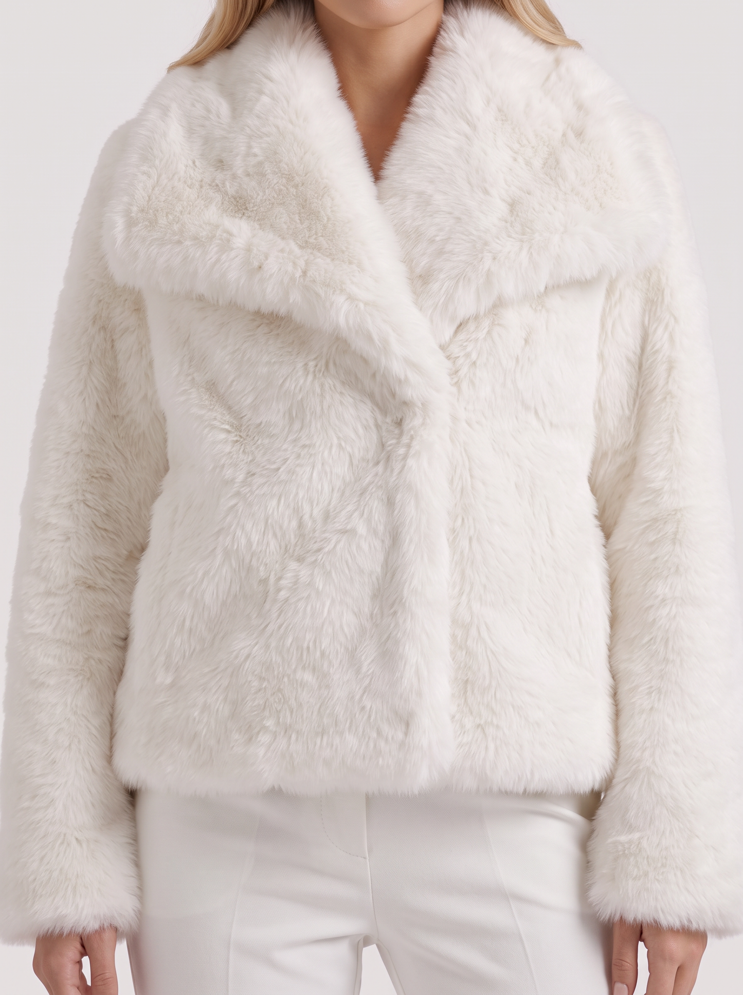 Women's white shaggy jacket with long pile texture and hip length hem