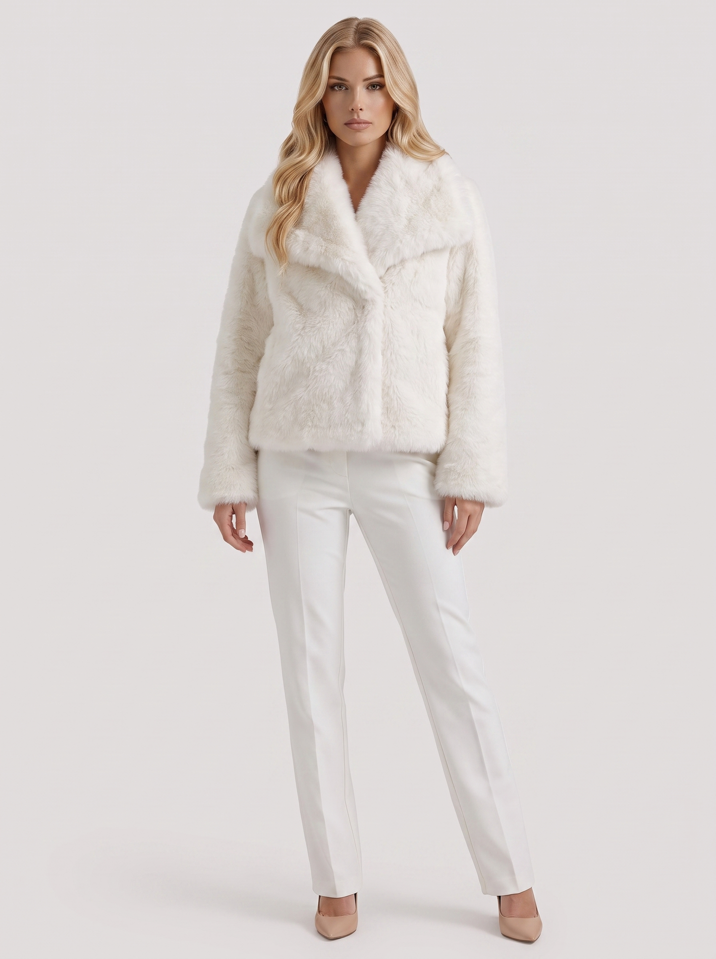 Women's white shaggy jacket with long pile texture and hip length hem