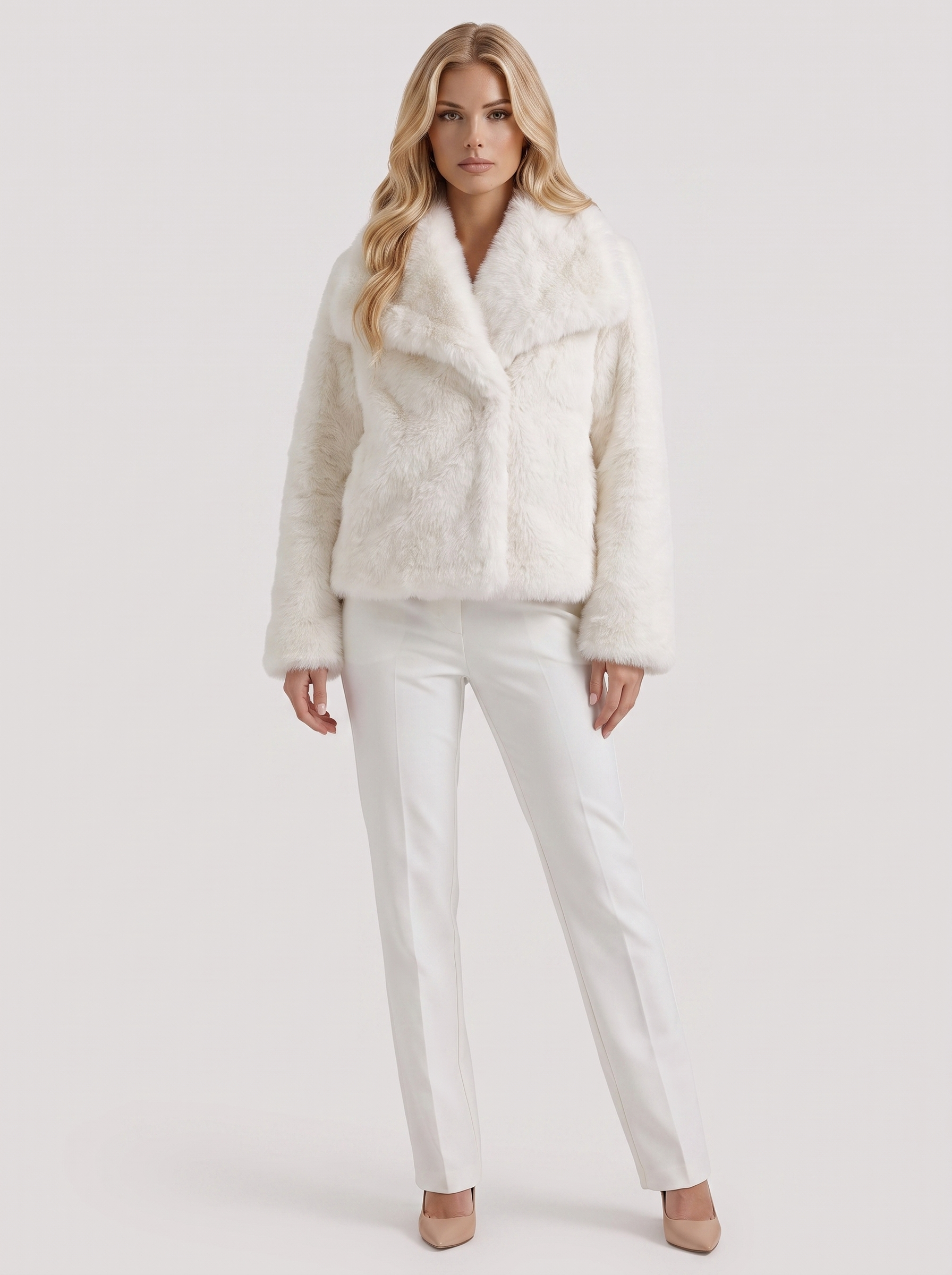 Women's white shaggy jacket with long pile texture and hip length hem