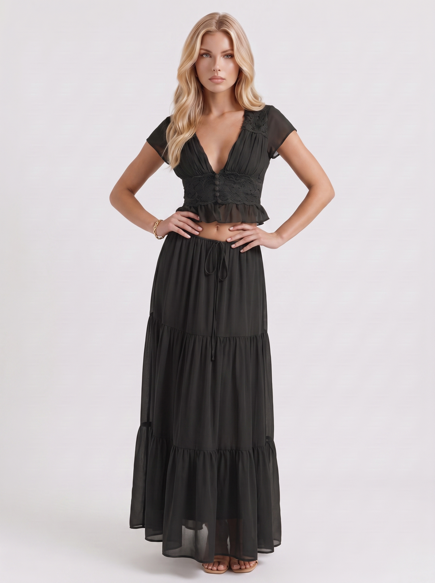 Women black skirt two piece set with cropped top and tiered maxi skirt