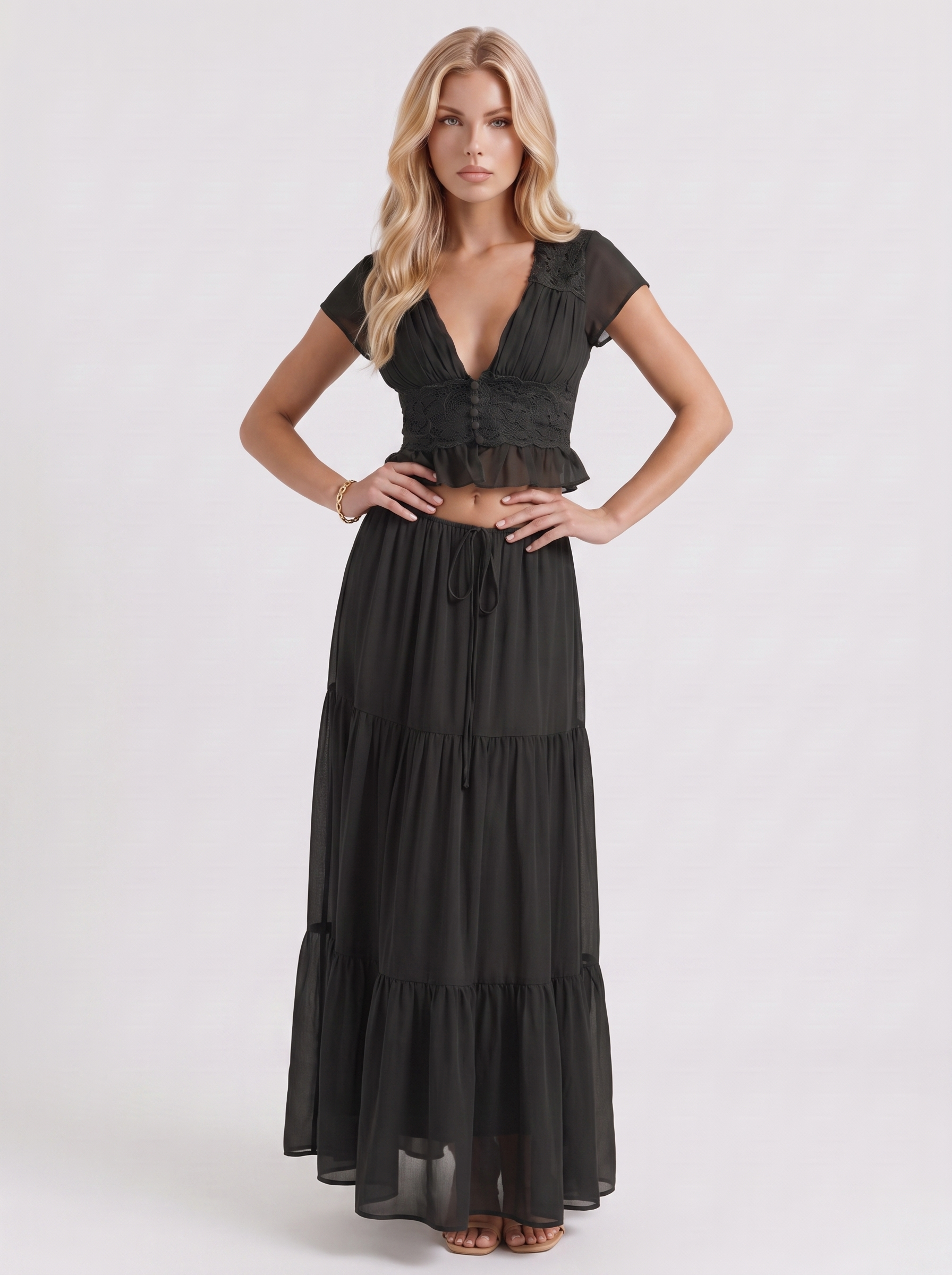 Women black skirt two piece set with cropped top and tiered maxi skirt