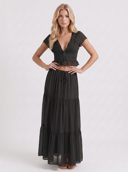 Women black skirt two piece set with cropped top and tiered maxi skirt