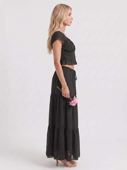 Women black skirt two piece set with cropped top and tiered maxi skirt