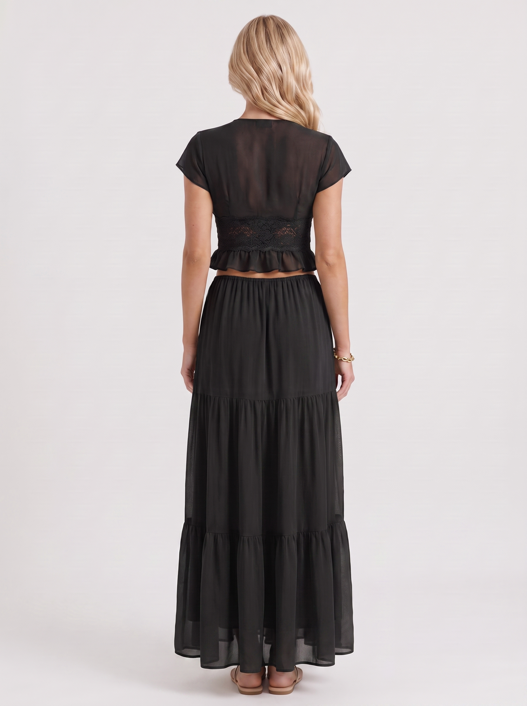 Women black skirt two piece set with cropped top and tiered maxi skirt