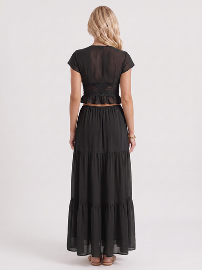 Women black skirt two piece set with cropped top and tiered maxi skirt