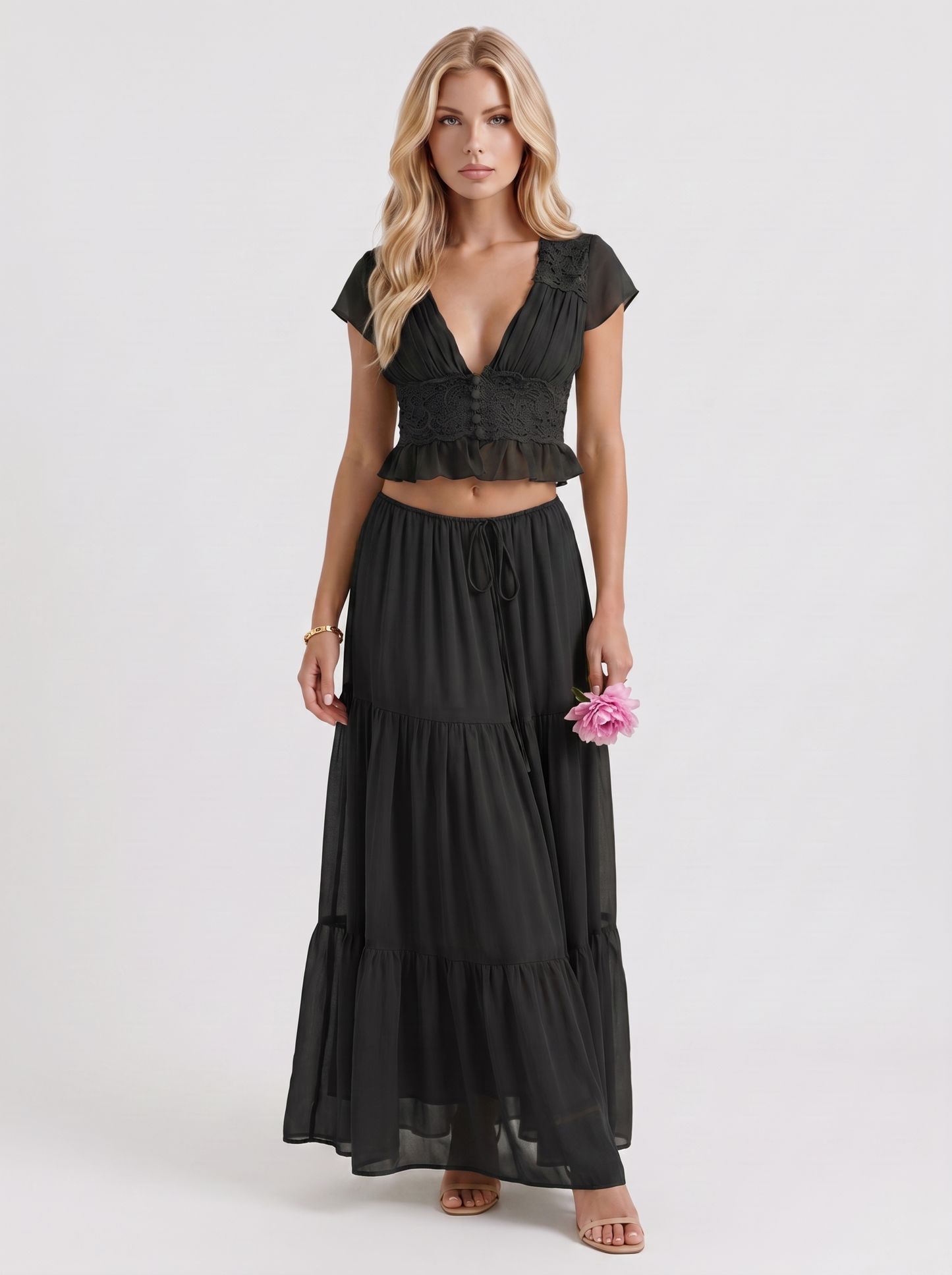 Women black skirt two piece set with cropped top and tiered maxi skirt