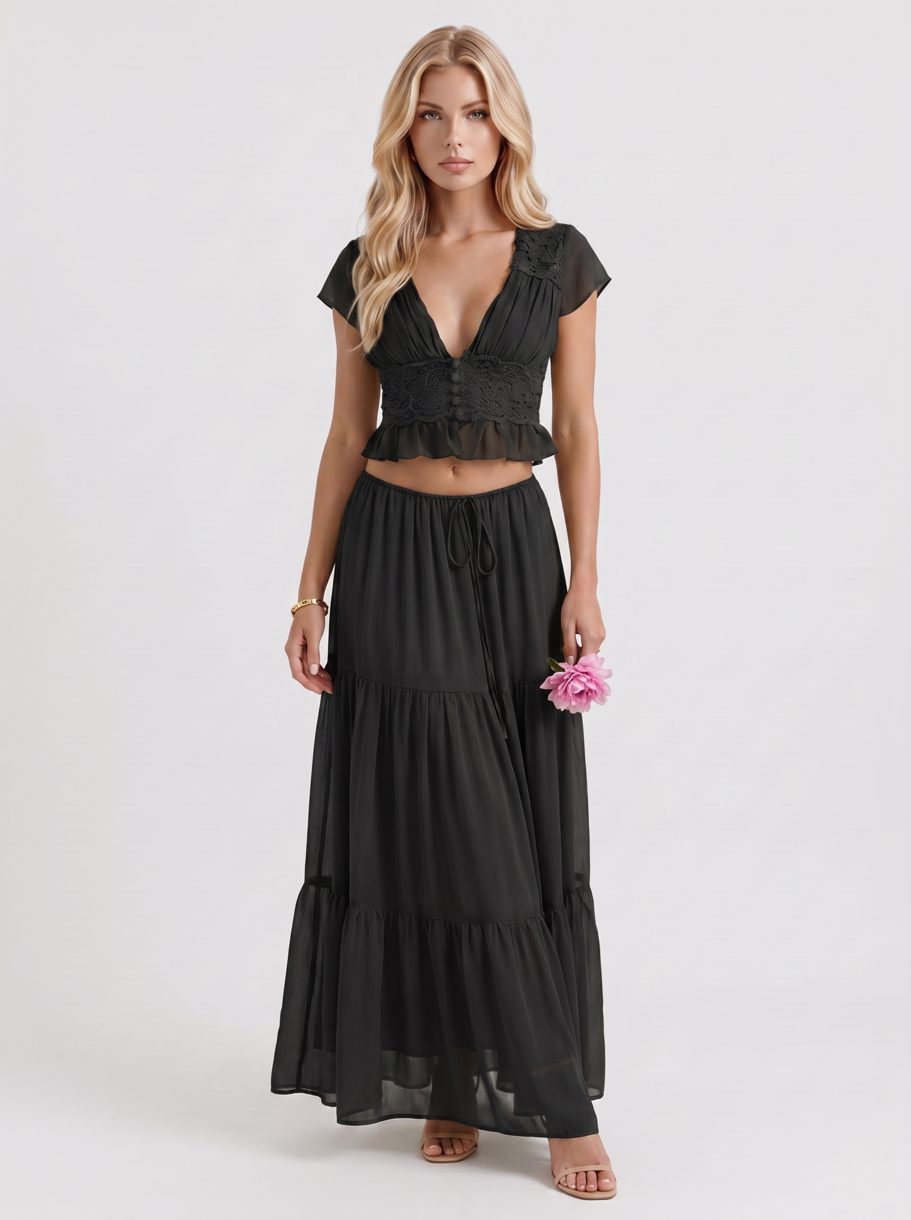 Women black skirt two piece set with cropped top and tiered maxi skirt