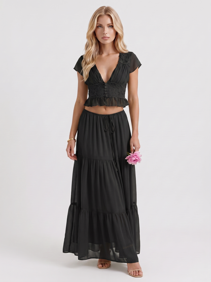 Women black skirt two piece set with cropped top and tiered maxi skirt
