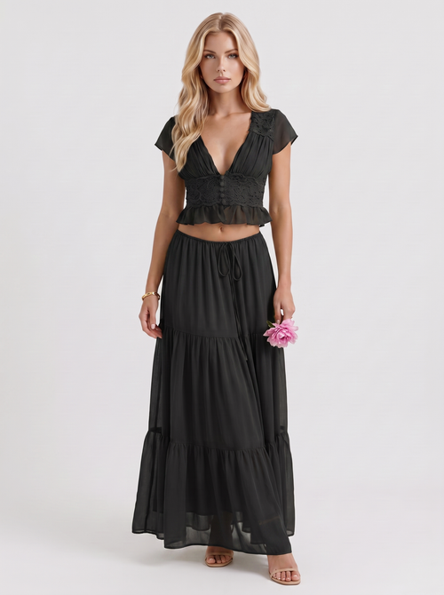 Women black skirt two piece set with cropped top and tiered maxi skirt