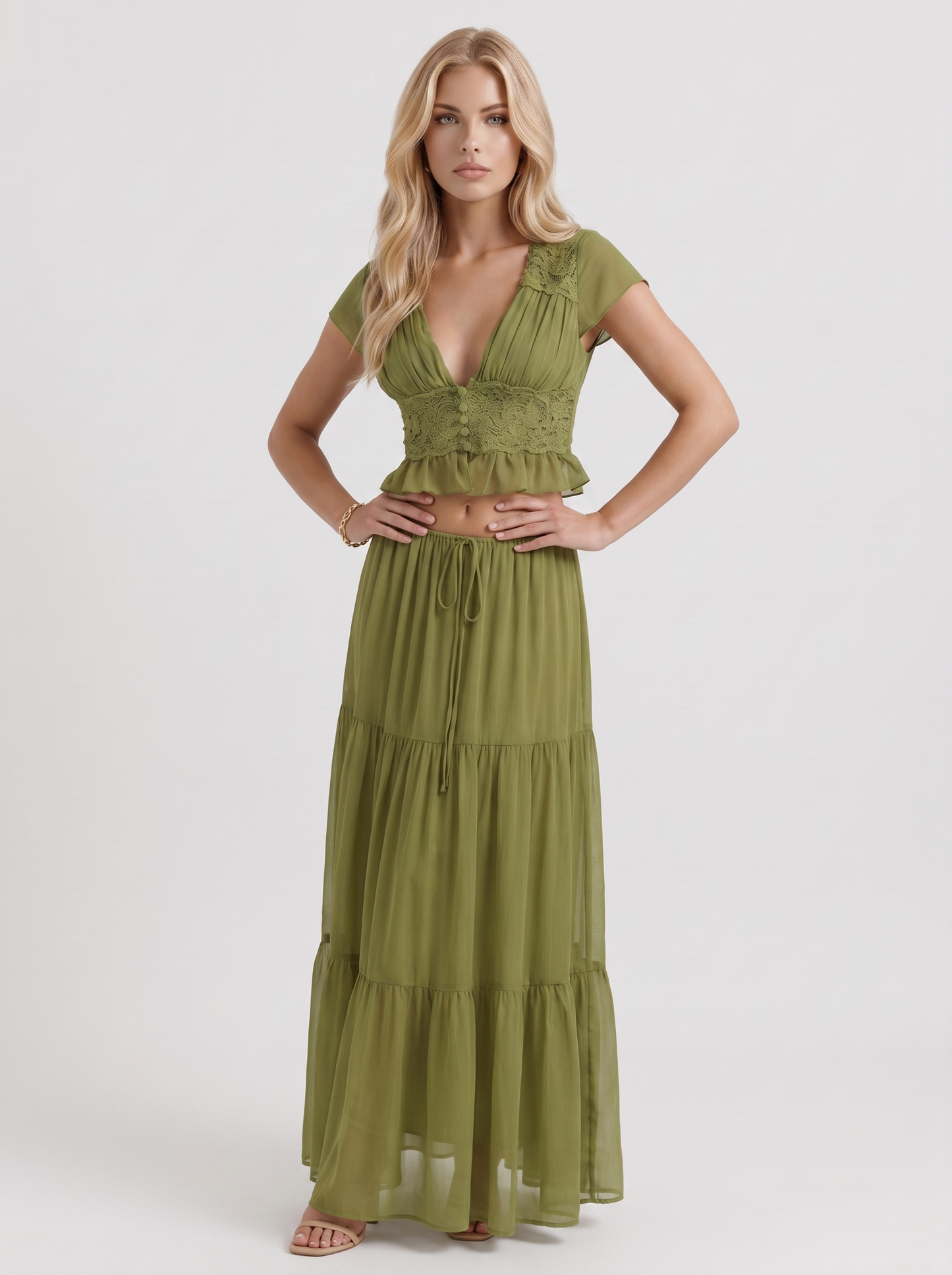Women green skirt two piece set with cropped top and tiered maxi skirt