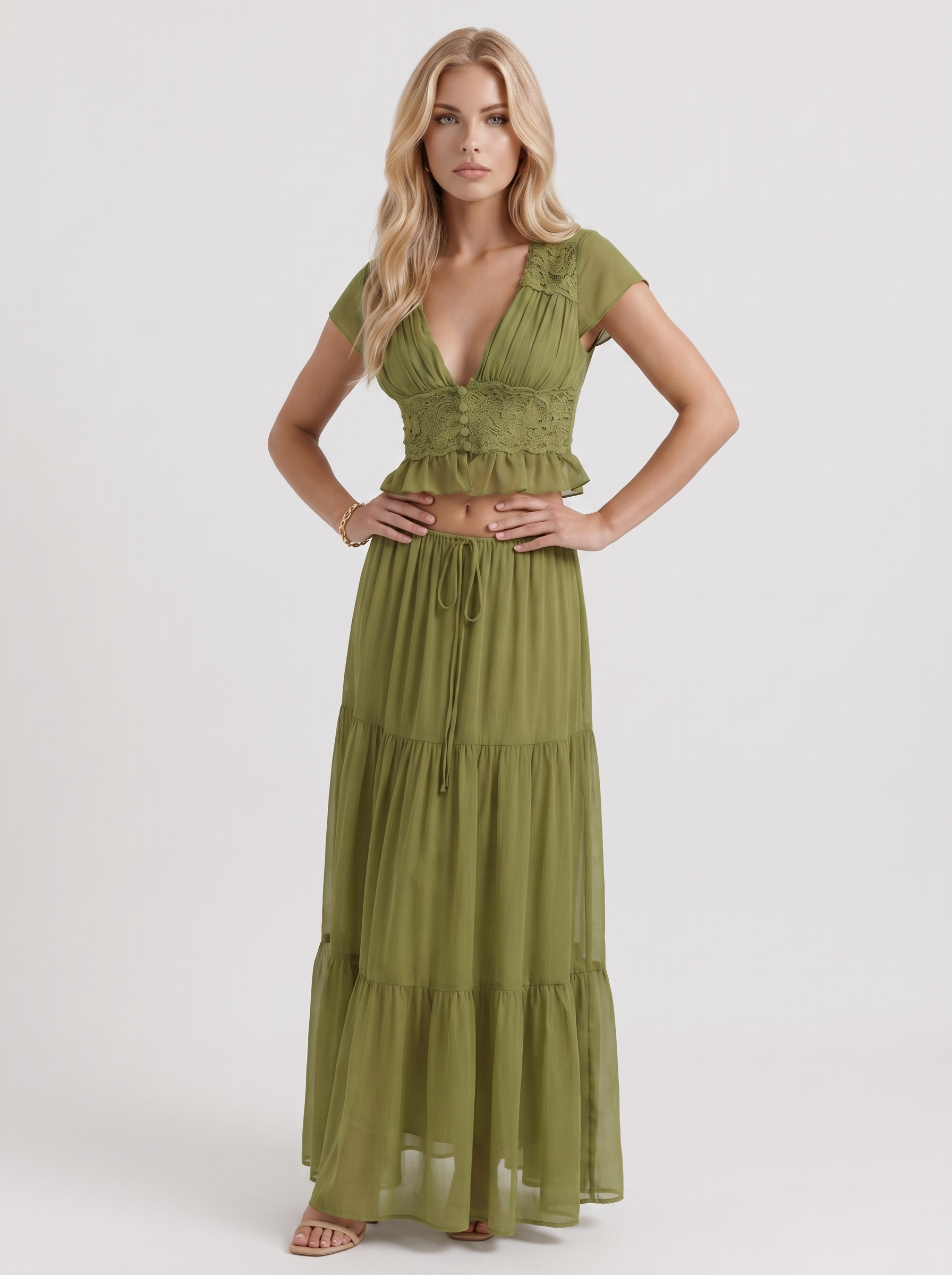 Women green skirt two piece set with cropped top and tiered maxi skirt