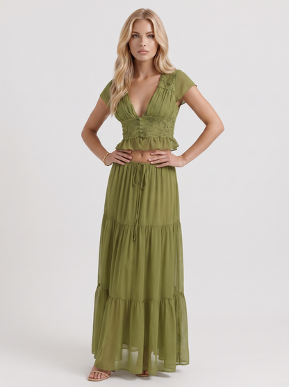 Women green skirt two piece set with cropped top and tiered maxi skirt