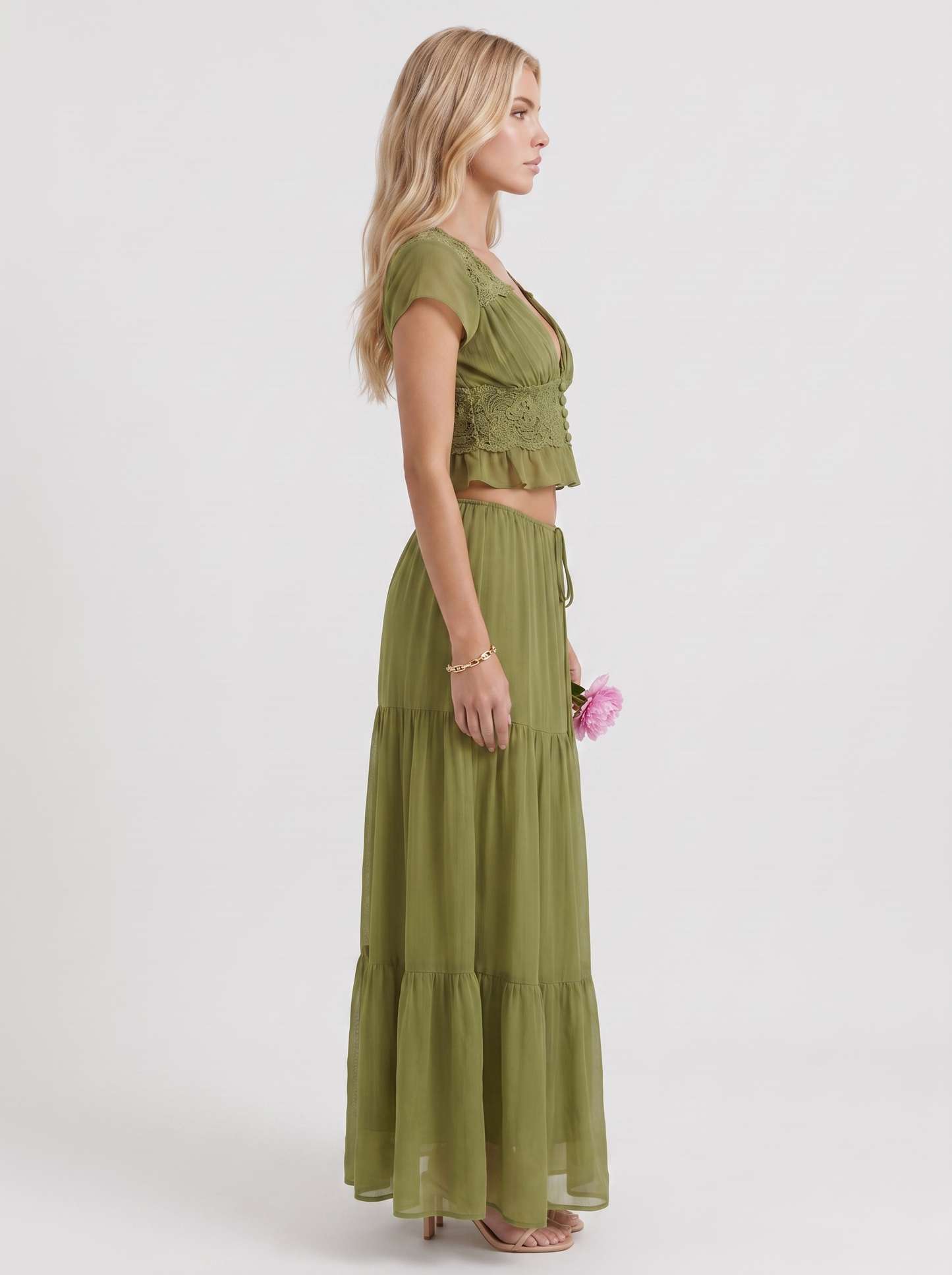 Women green skirt two piece set with cropped top and tiered maxi skirt
