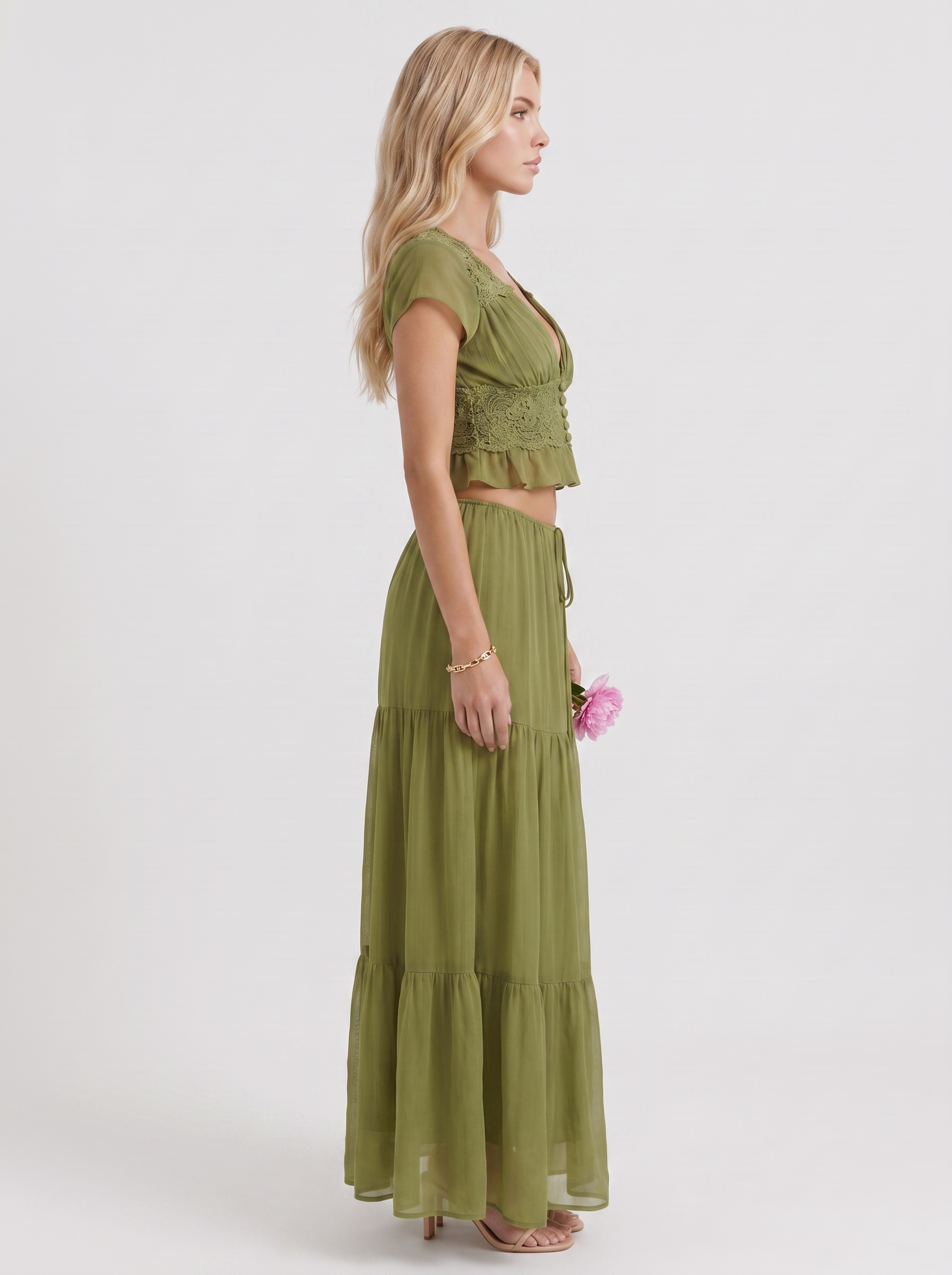 Women green skirt two piece set with cropped top and tiered maxi skirt