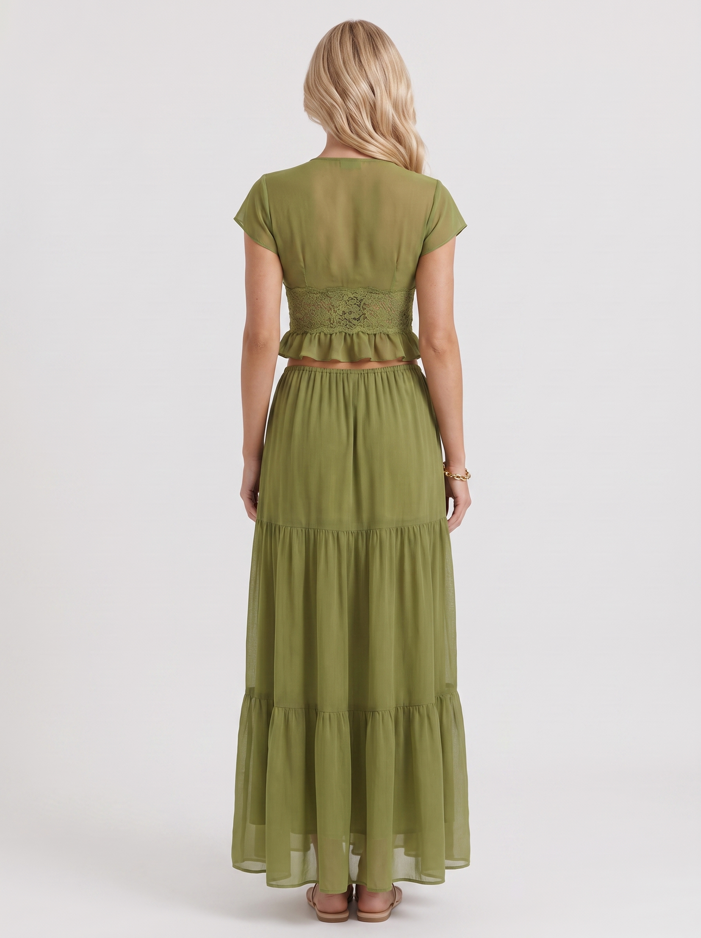 Women green skirt two piece set with cropped top and tiered maxi skirt