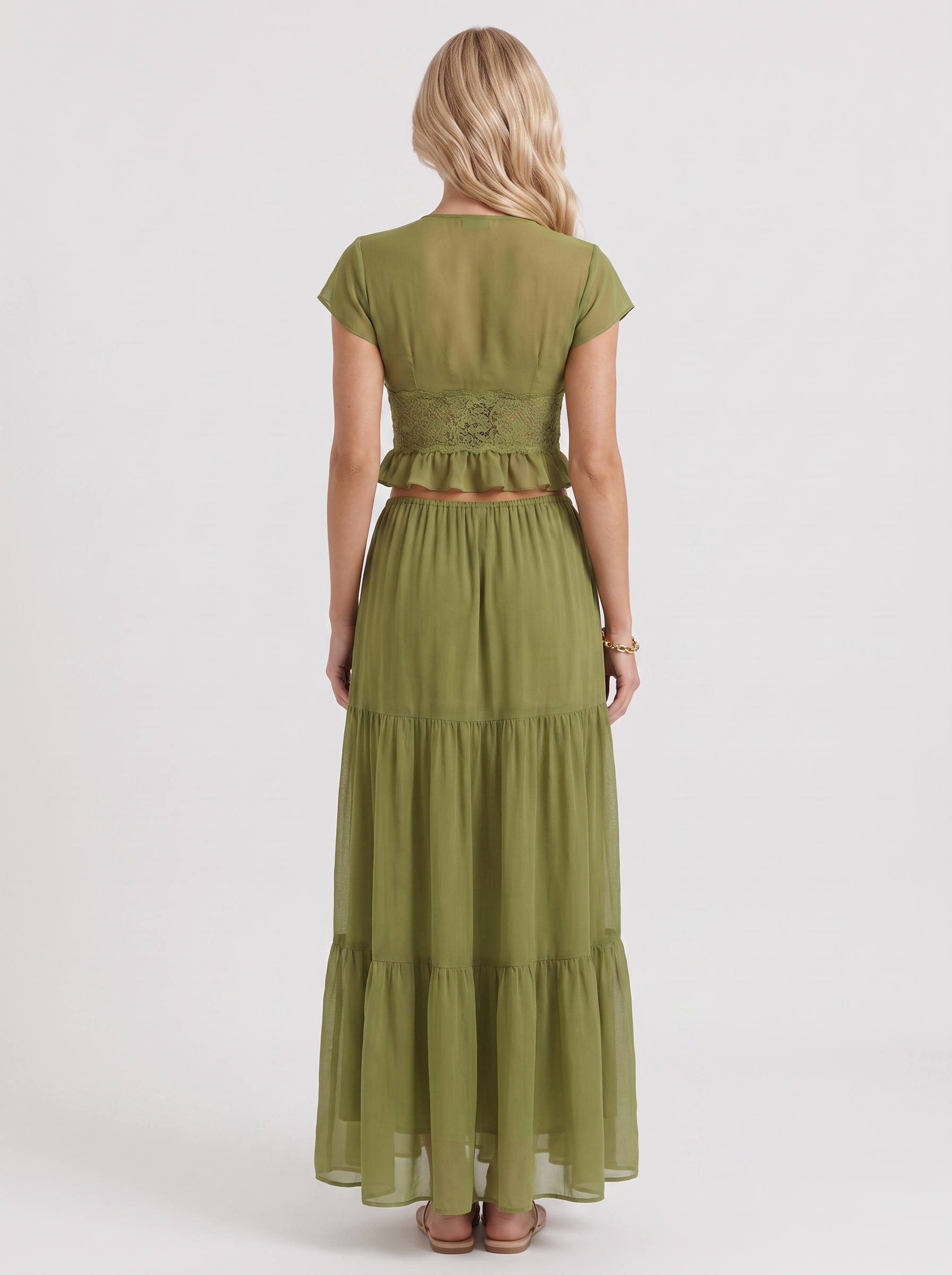 Women green skirt two piece set with cropped top and tiered maxi skirt