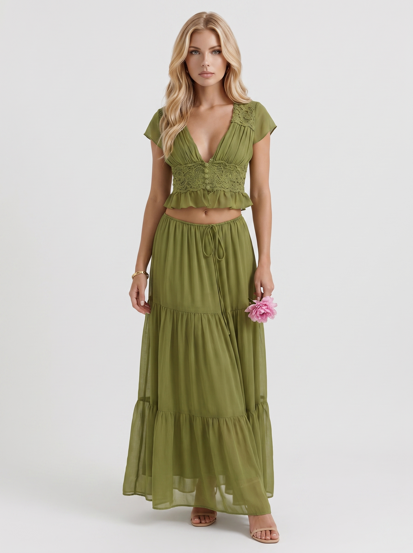 Women green skirt two piece set with cropped top and tiered maxi skirt