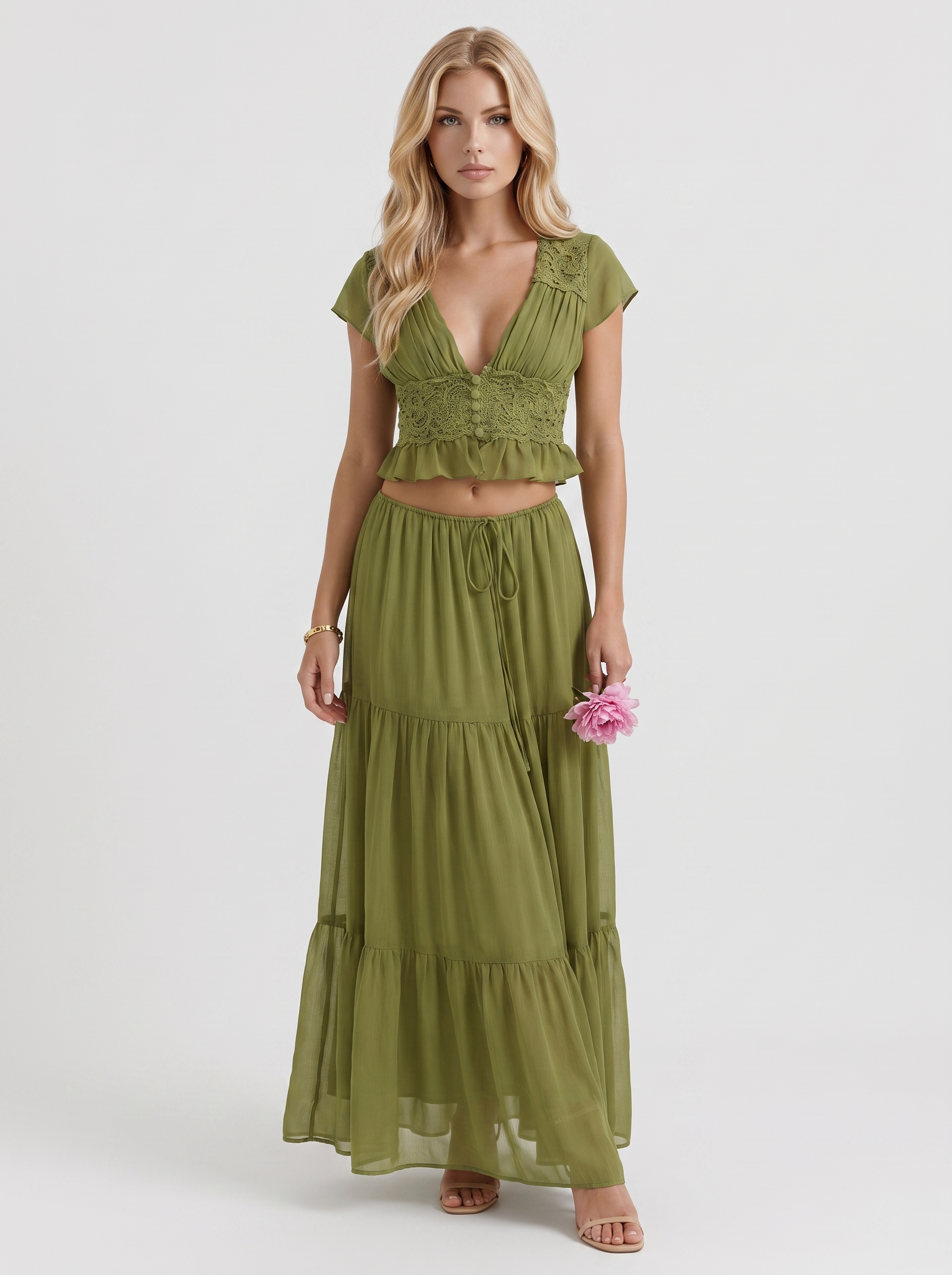 Women green skirt two piece set with cropped top and tiered maxi skirt