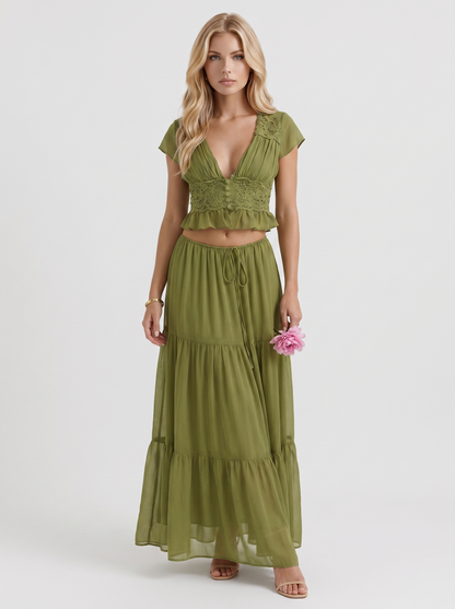 Women green skirt two piece set with cropped top and tiered maxi skirt