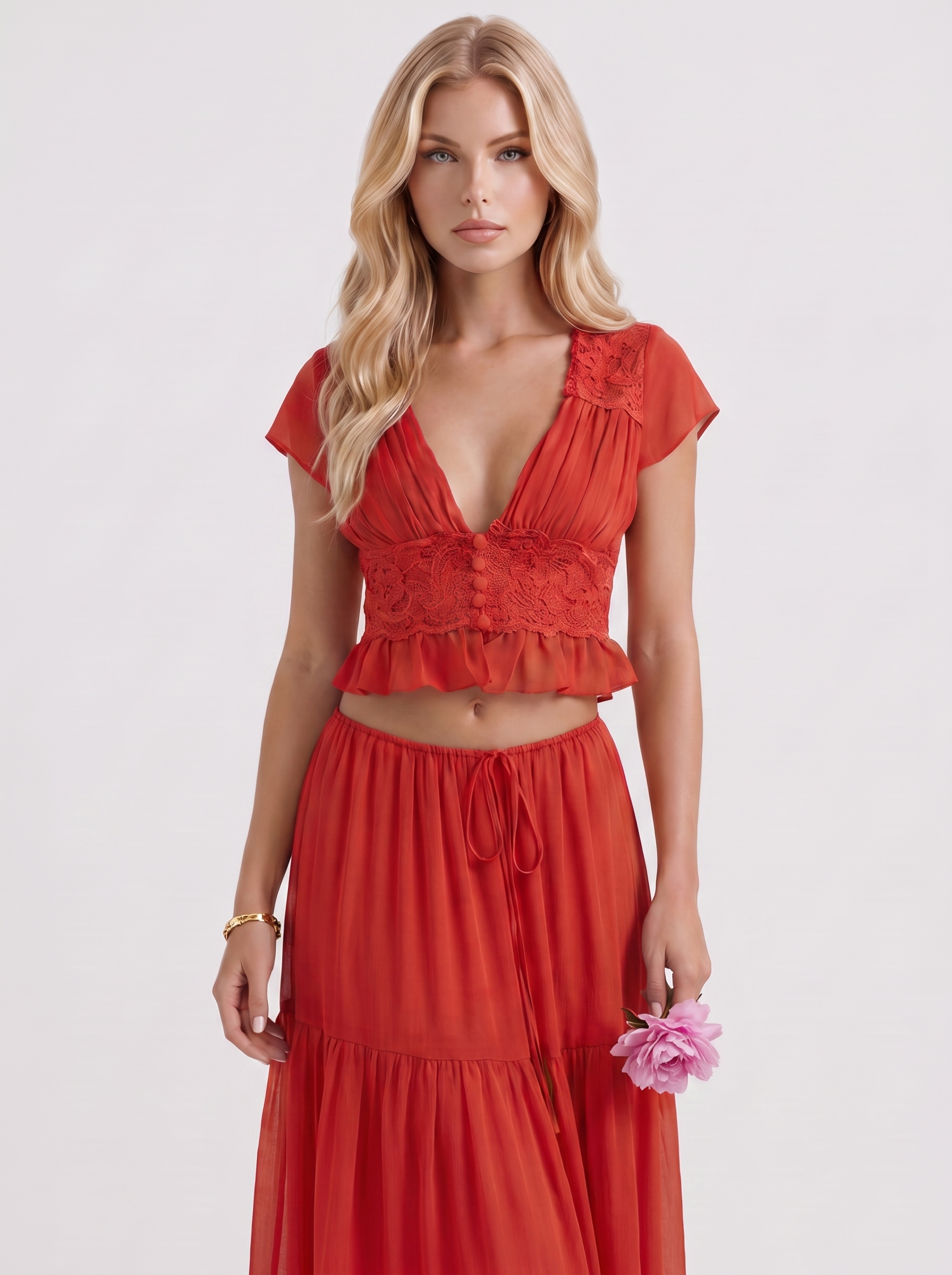 Women red skirt two piece set with cropped top and tiered maxi skirt