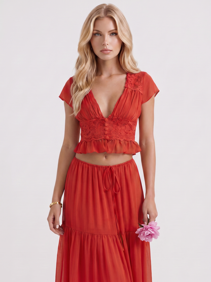 Women red skirt two piece set with cropped top and tiered maxi skirt
