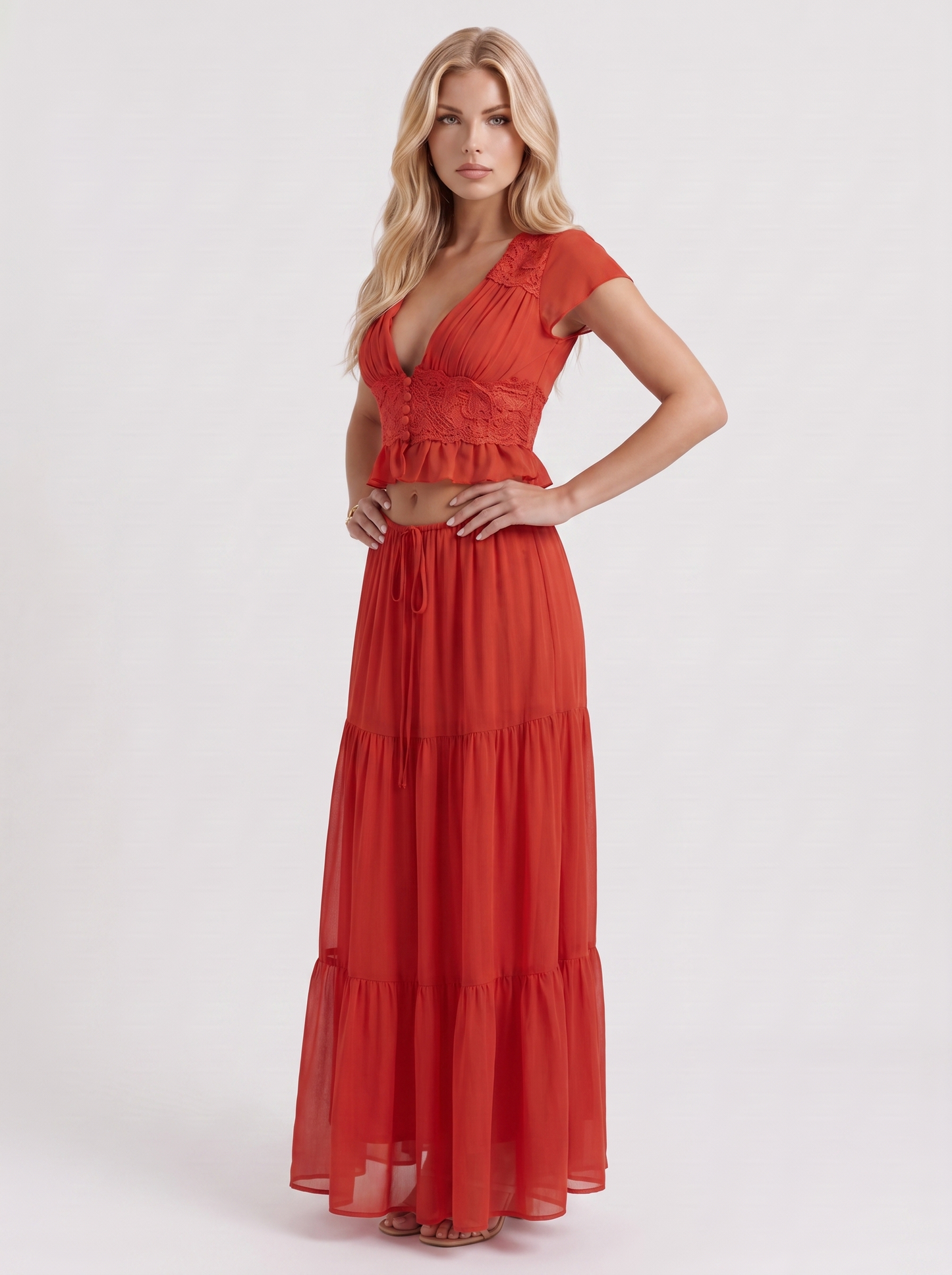 Women red skirt two piece set with cropped top and tiered maxi skirt