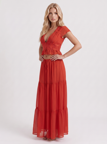 Women red skirt two piece set with cropped top and tiered maxi skirt