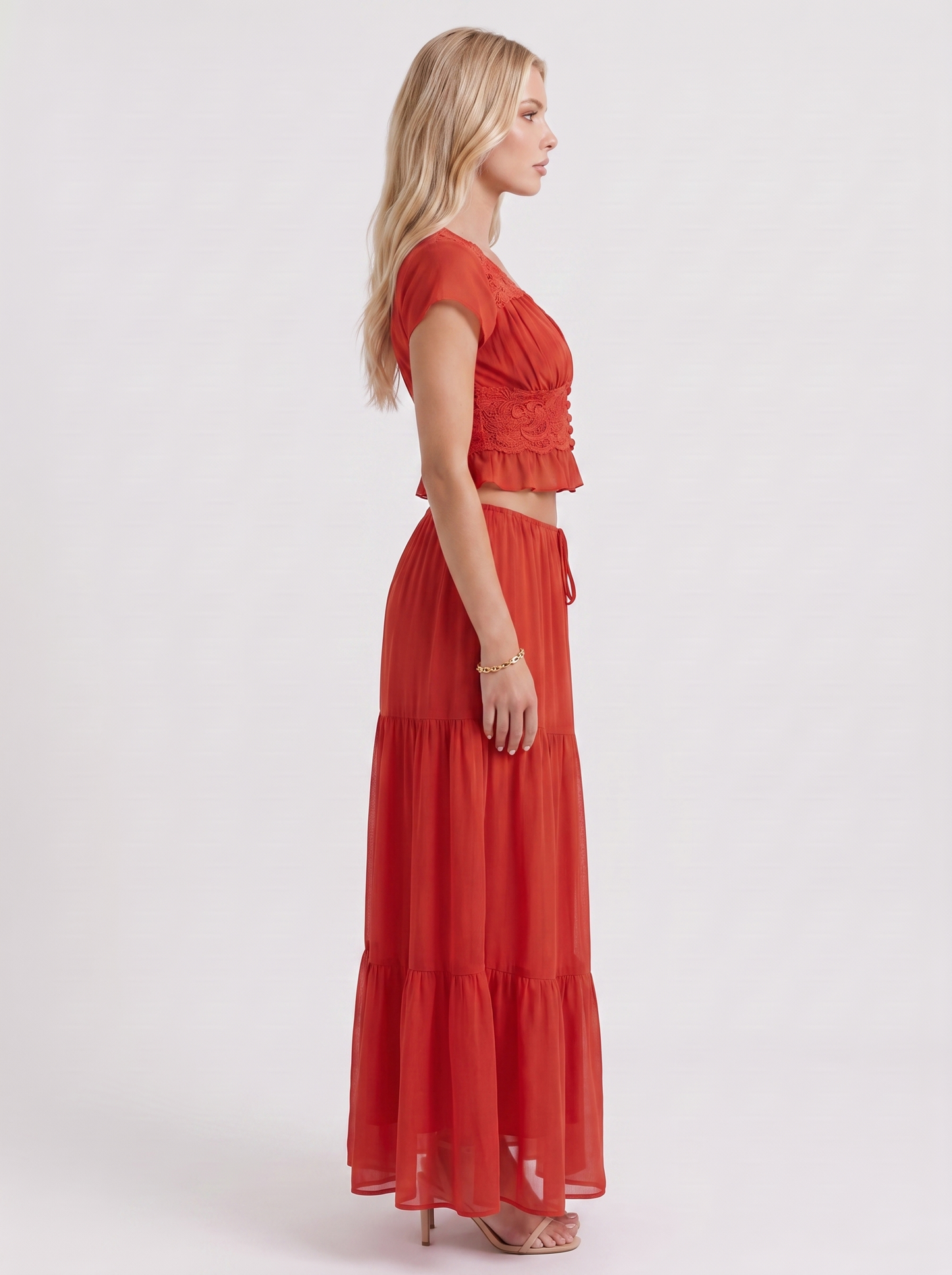 Women red skirt two piece set with cropped top and tiered maxi skirt