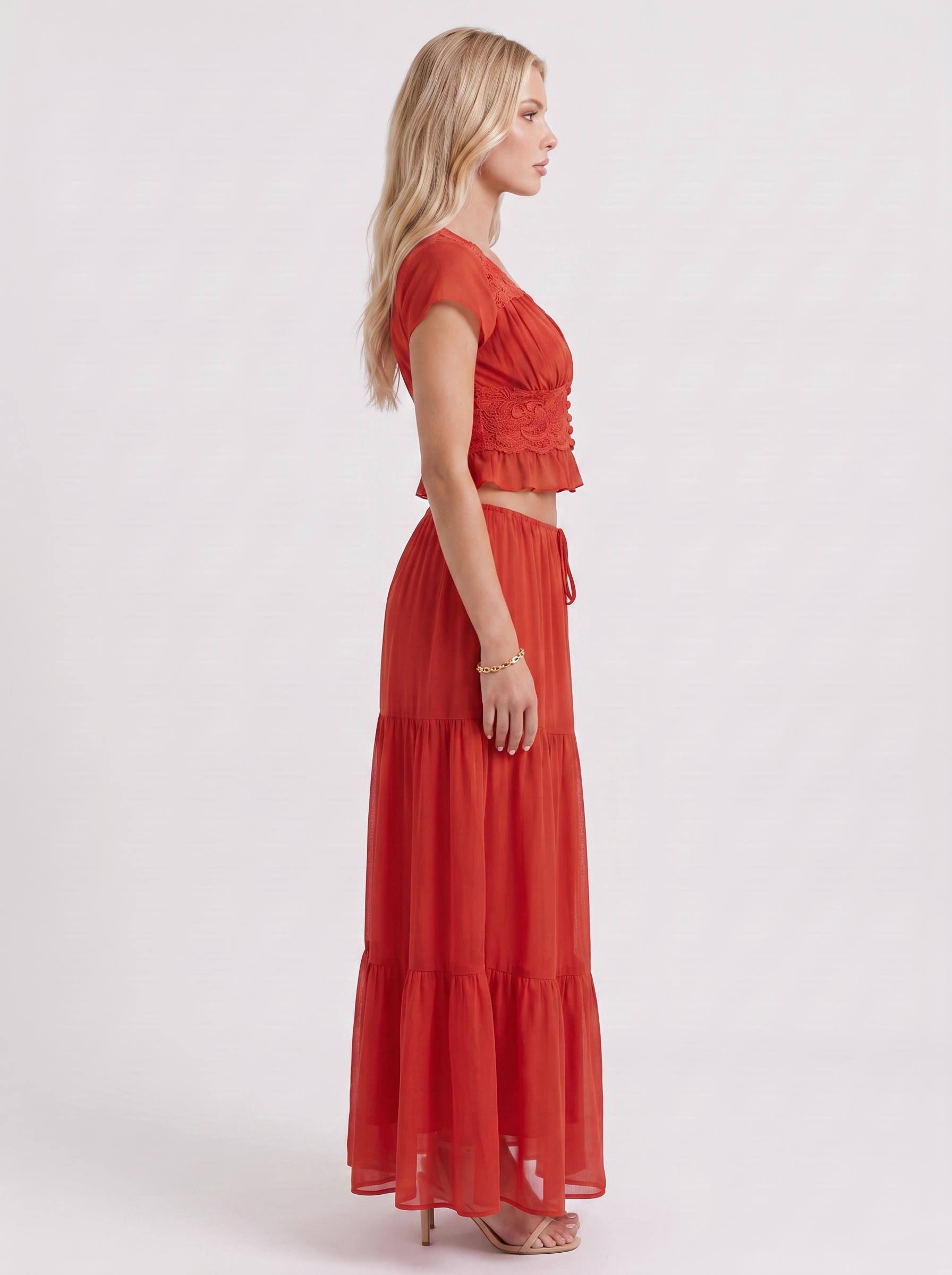 Women red skirt two piece set with cropped top and tiered maxi skirt