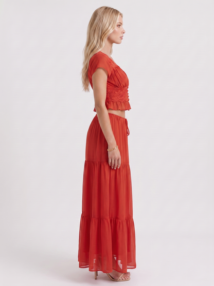 Women red skirt two piece set with cropped top and tiered maxi skirt
