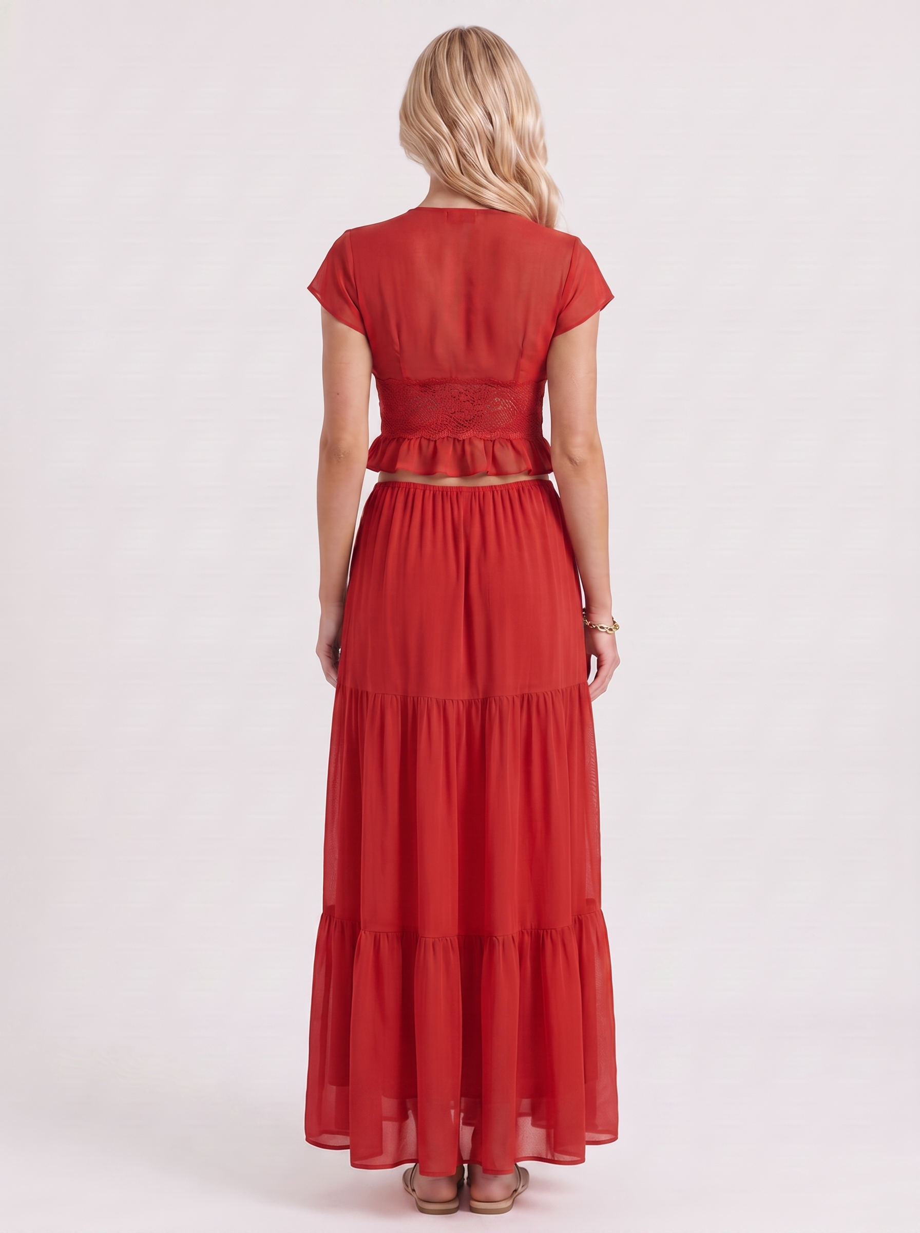 Women red skirt two piece set with cropped top and tiered maxi skirt