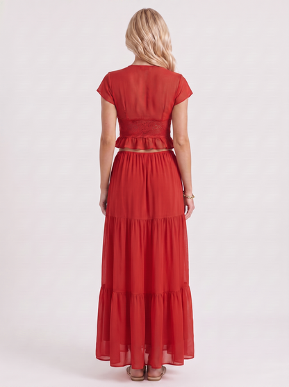 Women red skirt two piece set with cropped top and tiered maxi skirt
