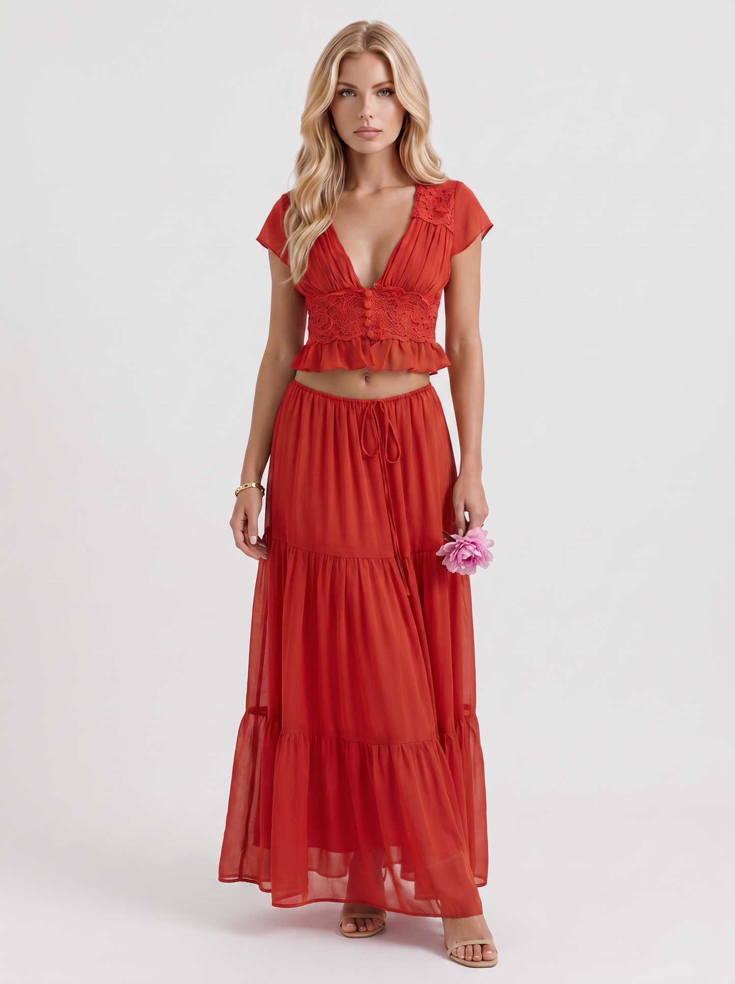 Women red skirt two piece set with cropped top and tiered maxi skirt