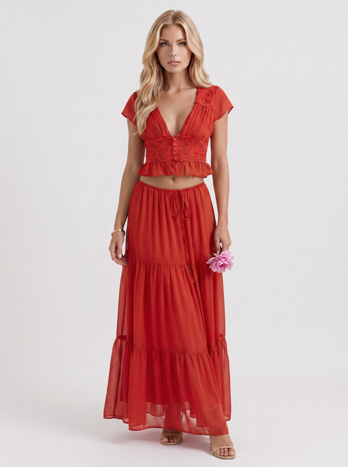 Women red skirt two piece set with cropped top and tiered maxi skirt